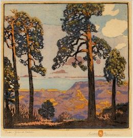 Lot#2024, GUSTAVE BAUMANN (AMERICAN, 1881-1971) COLOR WOODCUT, "PINES GRAND CANYON"  Pencil signed and title in pencil. #50 stamp. Image is 12 3/4" x 12 1/2". Paper size is 17 3/8" x 14 1/4". Hand in heart watermark. Edition of 100. Silvered wood frame. From the collection of Dr. Marion Scott and Ann Scott, Grosse pointe Shores, Mi.