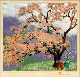 Lot#2025, GUSTAVE BAUMANN, (AMERICAN, 1881-71) COLOR WOODCUT, H 13 1/4", W 13" SPRING BLOSSOMS.  "Color woodblock print, "Spring Blossoms," with aluminum leaf on laid paper, Santa Fe, NM; Signed, titled and numbered 116/130; 50; Image: 12" x 13".  Paper size 14 1/4" x 17". Silvered wood frame. From the collection of Dr. Marion Scott and Ann Scott, Grosse Pointe Shores, MI.