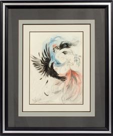 Lot#2028, LOUIS ICART (FRENCH, 1888-1950), WATERCOLOR, 1917, H 18", W 14", STUDY FOR "LA FRANCE A VERDUN" Signed lower left, also signed, identified and dated by Icart on verso.  Frame size 33" x 29".  Bird of prey.