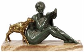 Lot#2034, DEMETRE CHIPARUS, BRONZE AND ONYX SCULPTURE, H 13", L 23" Chiparus born in Romania 1886. Art Deco model holding wheat with lamb alongside. Signed. Onyx base.