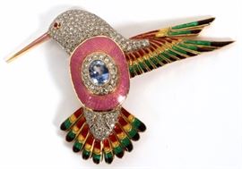 Lot#2044, ART DECO 18 KT YELLOW GOLD HUMMINGBIRD PIN/BROOCH WITH AQUAMARINE, ENAMEL & MELEE-DIAMONDS, H 2", W 3", #750.  See additional color pictures. Measurement includes from beak tip to wing tip.