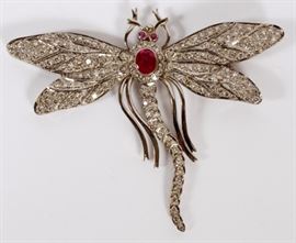 Lot#2046, ART DECO DRAGONFLY PIN/BROOCH 18K WHITE GOLD #750 SINGLE OVAL RUBY, MELEE DIAMONDS. Marked on the middle Leg at Back center. Njd. & Ejd.   -   See additional color pictures. Njd.