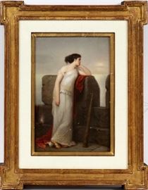 Lot#2067, GERMAN PAINTING ON PORCELAIN 19TH.C. H 8.5" W 5.7" Lady standing against bolder in moonlight looking out to sea. Framed in modern shadowbox.