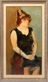 Lot#2082, SARKIS SARKISIAN, (1909-1977), OIL ON MASONITE, H 44", L 24" PORTRAIT OF A WOMAN. Depicting a seated woman wearing a hat with an umbrella.  Signed lower right.  Framed.