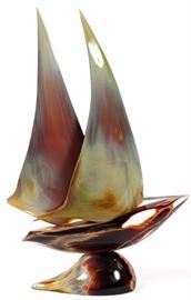 Lot#2150, DINO ROSIN (ITALIAN, B.1948) ART GLASS SCULPTURE, H 30 1/2", W 20" A multi-color art glass sailboat; etched signature at the base, and additional acid etch mark at the underside (see additional photo).