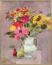 Lot#2137, RICHARD JERZY (AMERICAN, 1943-2001), WATERCOLOR, SIGHT: H 19", W 15", STILL LIFE. Depicting flowers in a pitcher and pears.  Signed lower right.  Framed and matted under acrylic.