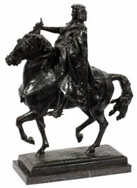 Lot#2173, SIGNED FRENCH BRONZE SCULPTURE, H 20", W 13", D 5", MOUNTED CRUSADER. Depicts a mounted crusader holding a sword (as is) and a scroll. Signed on the integral base. Impressed foundry: Cire Perdue, Leblanc Barbedienne, Paris.