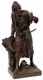 Lot#2175, EMILE LOUIS PICAULT (FRENCH, 1833-1915), BRONZE SCULPTURE, H 25", BEARDED STANDING MERCHANT. Signed; brown patina. 19th.c. casting. W 11", D 14"