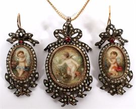 Lot#2201, EUROPEAN HAND PAINTED PENDANT AND EARRINGS, 3 PIECES, L 17"  Accented by seed pearls.  Weighing approximately 27.4 grams. Pendant: H 2" x  W. 1"  Earrings: H 1 7/8" x  W 3/4"
