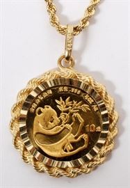 Lot#2199, CHINESE 1/10 OZ. GOLD 10 YUAN PANDA COIN WITH 14KT GOLD NECKLACE, 1984, L 20" 15 grams
