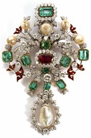 Lot#2202, ANTIQUE 18KT WHITE GOLD, RUBY, EMERALD, DIAMOND & PEARL LADY'S BROOCH H 3.75'' W 2.5''  11.37ct emeralds; 6.94ct diamonds & 1.05ct ruby. Removable pendant H. 1 5/8''  X  W. 7/8''. TW. 47 gr.