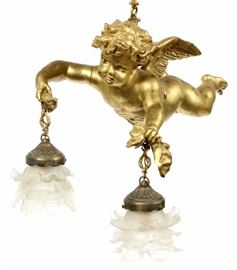 Lot#2236, FRENCH BRONZE TWO-LIGHT CUPID CHANDELIER, H 19", W 10" With two suspended glass shades.