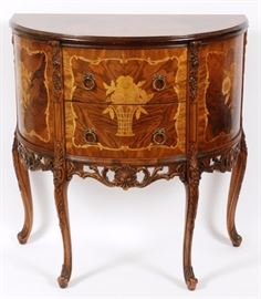 Lot#2254, FRENCH STYLE WALNUT FRUITWOOD INLAID DEMI-LUNE COMMODE, C. 1940, H 33", L 31", D 15" Floral leaf and scroll design.