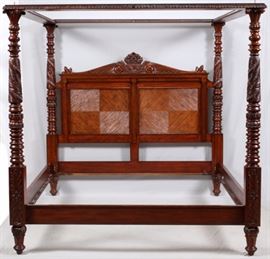Lot#2266, CARVED MAHOGANY FOUR POSTER CANOPY BED, H 81", W 82" Leaf motif about the turned bed-posts.  With finials. Contemporary. Measures H 81" x 82 1/2".