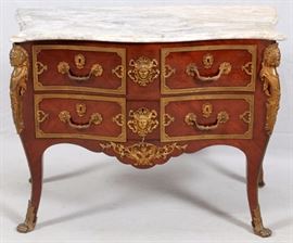 Lot#2267, LOUIS XIV STYLE MARBLE TOP COMMODE, H 32", W 43", D 21" A white marble top commode, with three locking drawers and a female mask motif.  With key.  Measures H.31 3/4" x 43" x 21 1/2".