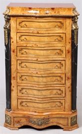 Lot#2268, FRENCH STYLE BURL WOOD VENEER SEMAINIER, C. 1980, H 40", W 23", D 15" 7 drawers; serpentine front; bronze mounts.