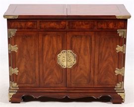 Lot#2271, ORIENTAL STYLE TEAKWOOD WITH BRASS DECORATION BAR SERVER, H 31", L 40" Top slides open to serving area. Depth 18". Prominent brass hardware.
