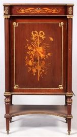 Lot#2270, FRENCH INLAID MUSIC CABINET, H 52", L 27", D 16", MAHOGANY. Having a single drawer above a marquetry inlaid door which is flanked by fluted columns which end in tapered legs. Mahogany with satinwood and other fruitwood inlays. Bronze mounts.