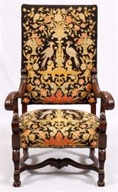 Lot#2273, FRENCH CARVED WALNUT OPEN ARMCHAIR, H 47", W 29" With petit point and needlepoint upholstered seat and back.  The chair measures approximately, H.47 1/2" x 29" x 30".  Estate of Frederick C. and Malora Matthaei.
