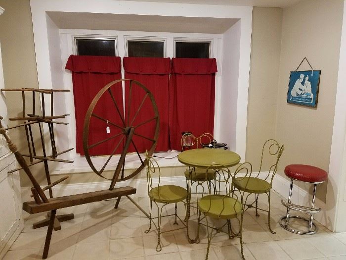 19th C Spinning Wheel and Ice Cream Parlor Set