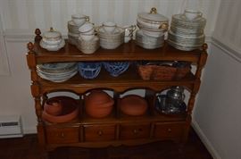 Limoges La Cloche Gold Trimmed China, Glass Baskets, Pewter and Pottery on a Wood Hutch/Server