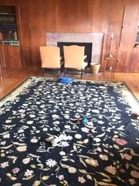 Room size needlepoint rug. Black field with floral motif. 14 ft. x 9'8" 