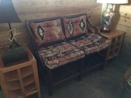 Vintage settee with Navajo wool cushions; Pair of bookshelf end tables; Oriental lamp.
