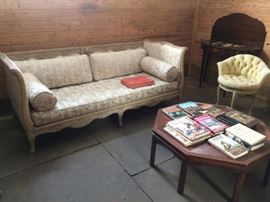 Louis XV day bed; mahogany game table; French vanity chair; octagonal coffee table.