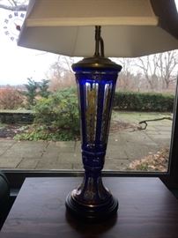Cobalt and clear lamp with Roman figures