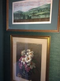 19th C. Artist Charles Henry Slater watercolor on paper still life of flowers in a blue & white vase.