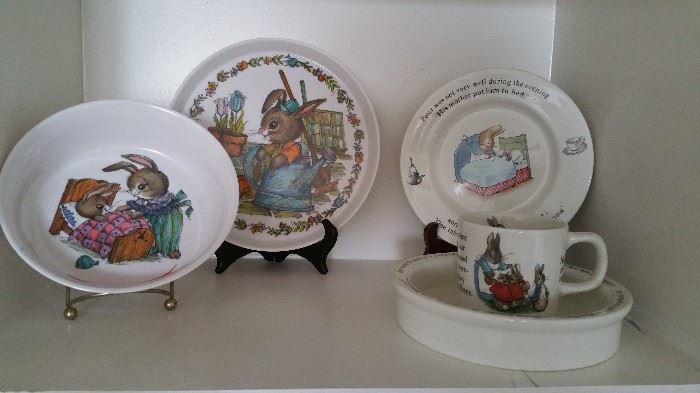 Peter Rabbit Dishes, two in back are plastic and the ones in front are WEDGEWOOD (have box) ceramic.  Great Gifts 