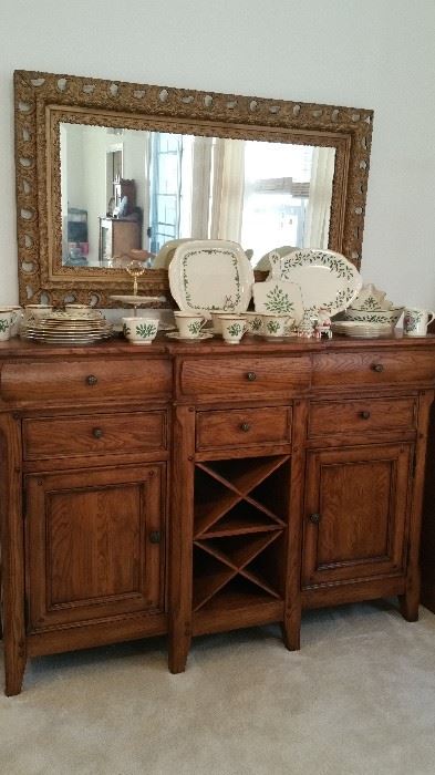 Thomasville Oak Buffet with 6 drawers, 2 for silver flatware and wine rack.  Very nice. In like new condition.  HUGE LENOX Christmas dish collection.  ALL like new. NO chips, many have boxes.  Great Gifts