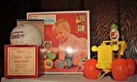 "Clincher Seam Soft Ball" with original box plus other toys.