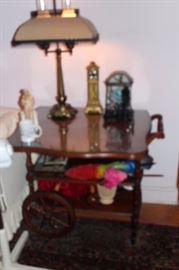 Beautiful Mahogany Serving Cart with Leaves and Glass Top with Lamp and Decorative