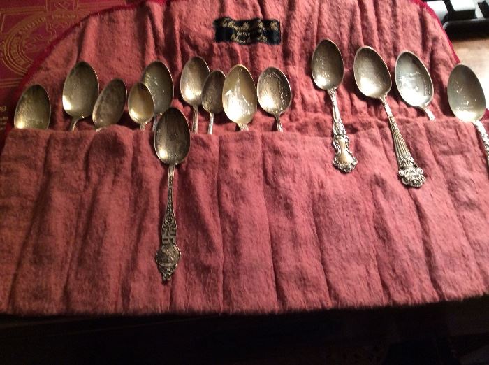 SOME OF A LARGE COLLECTION OF ANTIQUE STERLING SILVER SOUVENIR SPOONS