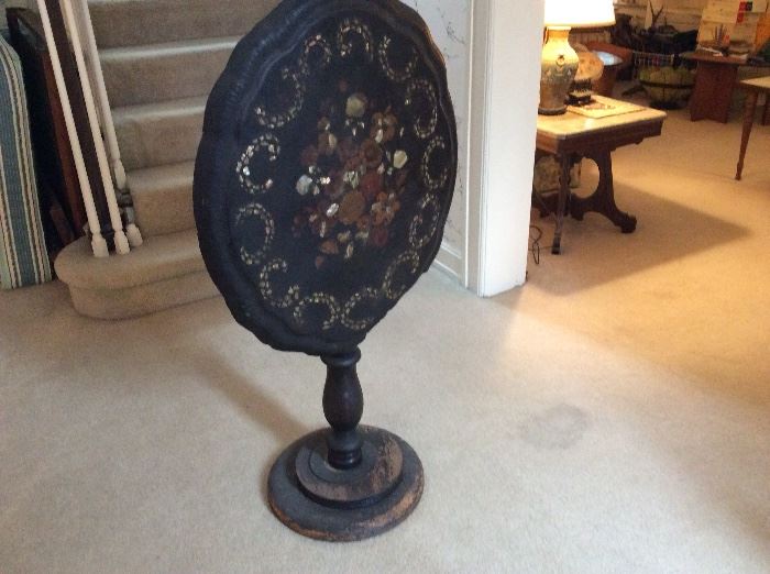 ANTIQUE TILT TOP MOTHER OF PEARL INLAID PAPER MACHET TABLE POSSIBLY CIRCA LATE 1700'S EARLY 1800'S