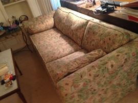 ONE OF TWO IDENTICAL VINTAGE ETHAN ALLEN SOFAS. THEY NEED CLEANED AND OR REUPHOLSTERED. FOR SALE AHEAD OF TIME. BEST OFFER CALL ME 586-675-5739