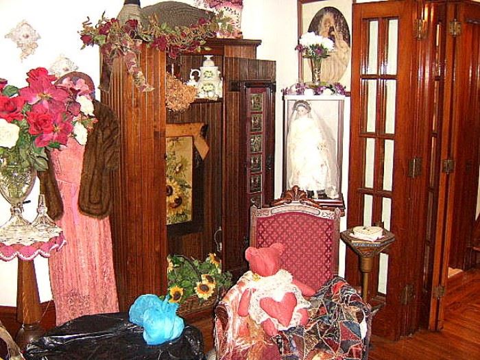 Cupboard, Victorian chair, Vintage clothes and other items.