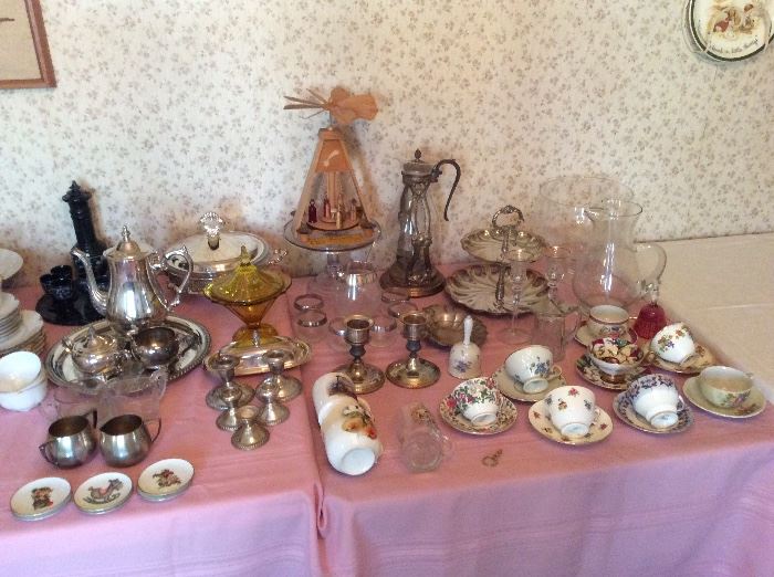 Cups & saucers, silver plate & sterling serving items