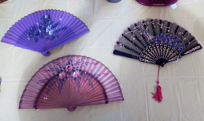 2 Bamboo and 1 celluloid hand-painted fans