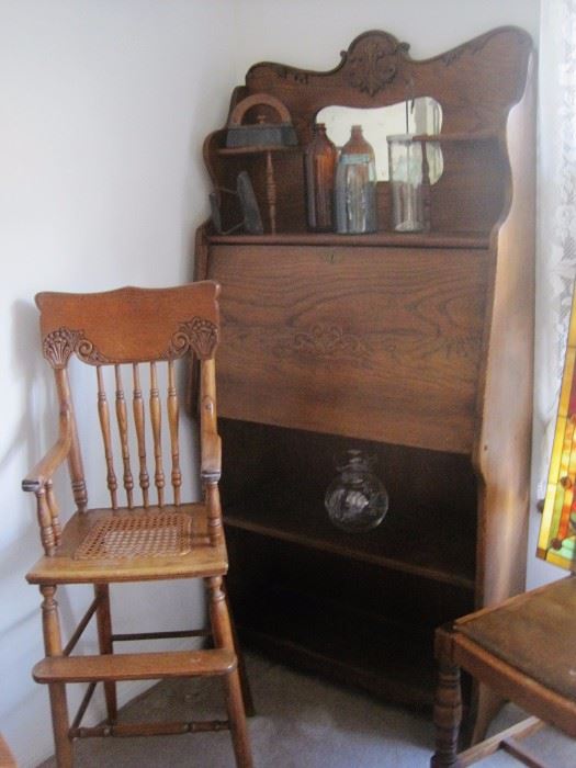 ANTIQUE HIGH CHAIR , AND ANTIQUE VICTORIAN SECRETARY