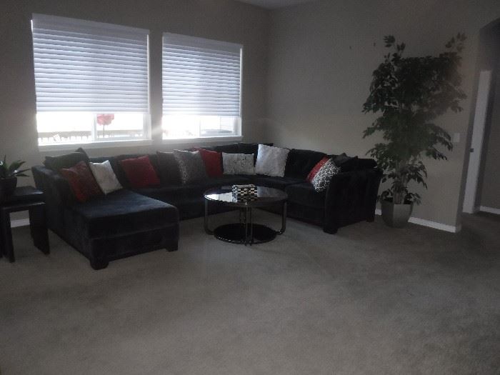 FRONT EYE VIEW OF SECTIONAL SOFA AND ARTIFICIAL TREE.