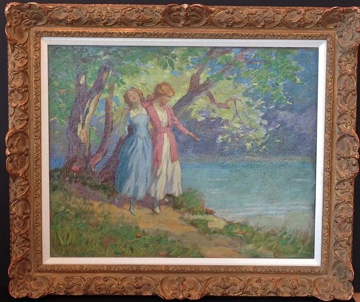 George Varian, "Along the River Trail", oil on canvas, 24 x 30 in., c. 1920. Estate Stamped.  Gallery Price $9,500.  Estate Sale Price $ 4,395.00 (This painting had a mistaken higher price in earlier listings)