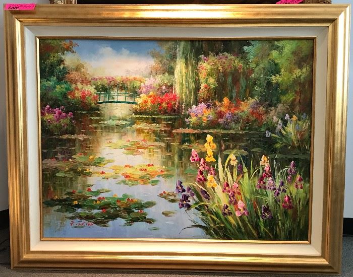 Garden and Water Lillies, 36 x 48 in. Contemporary oil on canvas, Estate Sale Price $949.