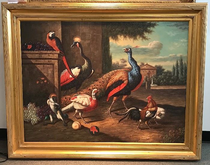 Baroque Barnyard Fowl, oil on canvas, 36 x 48 in., This is a contemporary painting. (not old) Gallery Price $2995.00; Estate Sale Price $949.00