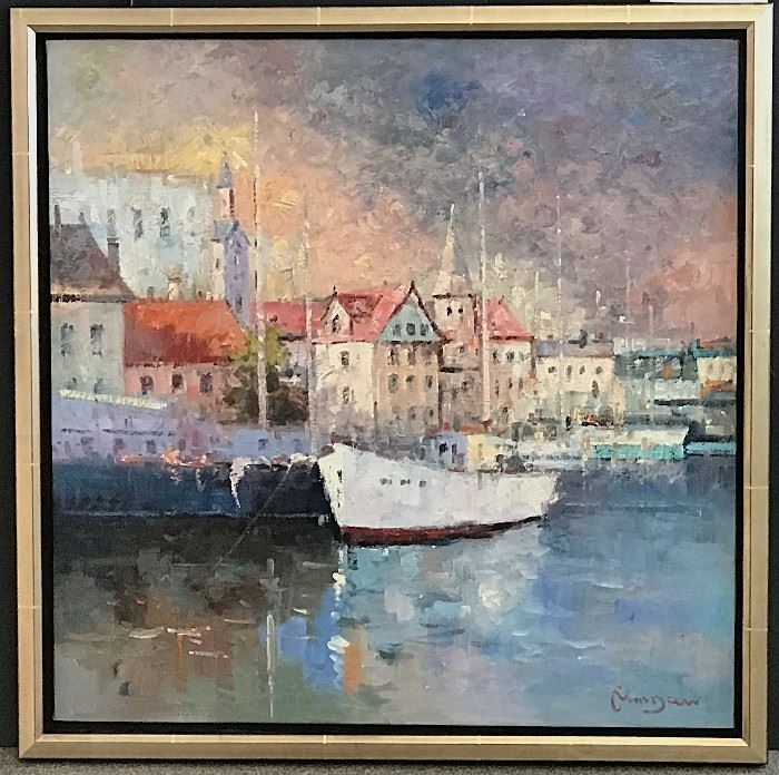 Morgan, "Harbor", oil on canvas, 30 x 30 in. Gallery Price $2400.00.  Estate Sale Price $949.00