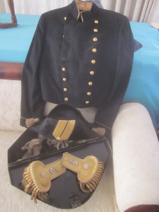 Naval Officers Hat w/ tin box & Coat c.1890's