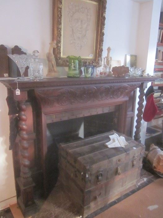 Carved Oak Mantle & Antique Trunk.  Family has removed Mantle from sale.