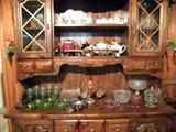 Dark Pine Hutch loaded with pressed glass, teapots, glassware.
Matching Dining Table and 6 Chairs plus Dry Sink Cabinet....