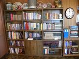 3 bookcases, hardback/paper back/- Health, Religion, Crafts, Lots and lots and lots of sheet music, Christian Books, tapes, CD's,old 8 track,
old,old record albums, clocks, lamps. Baskets and baskets of tapes,
records, etc., etc...